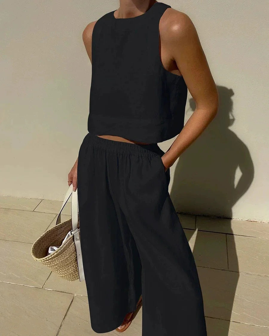 Women Cotton Linen 2-Piece Set – Sleeveless Lace-Up Top & Drawstring Long Pants Summer Commuting Outfit 2023 Fashion