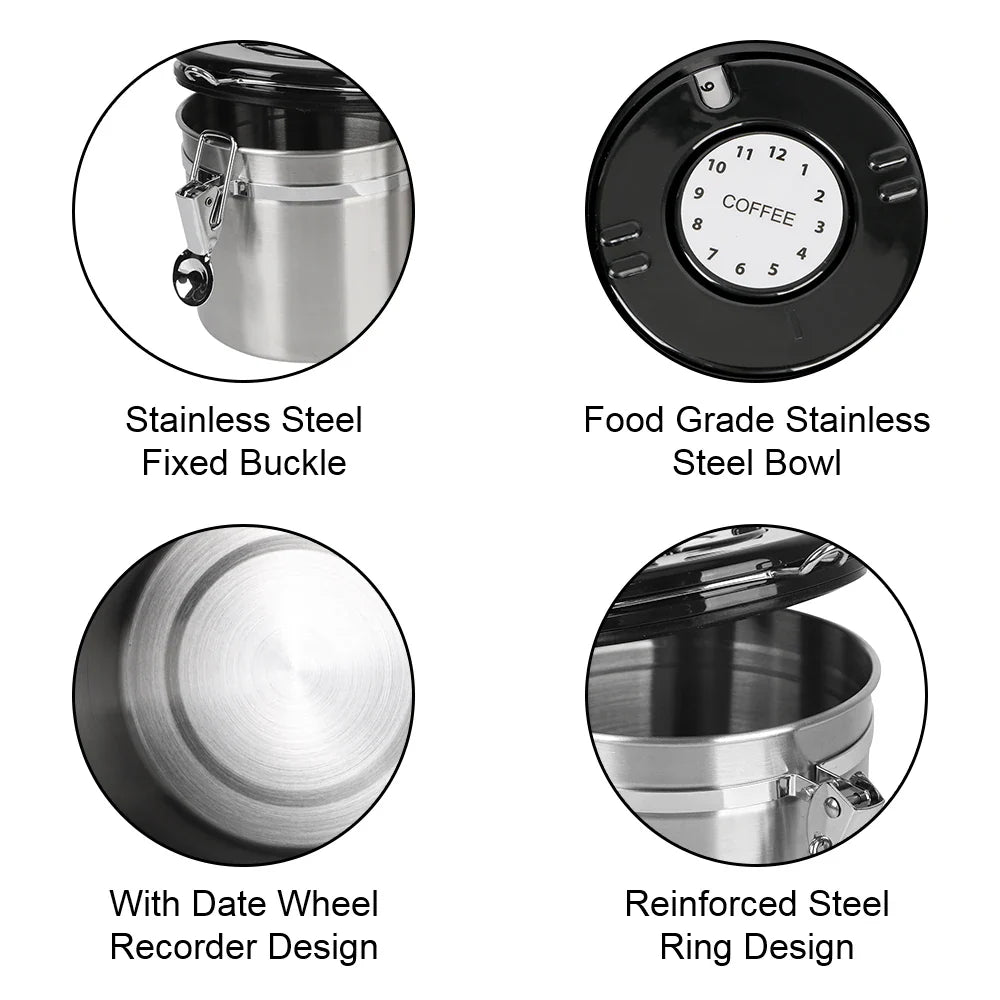 Stainless Steel Coffee Storage Canister — Airtight Lid with CO2 Valve, Premium Container to Preserve Freshness of Coffee Beans