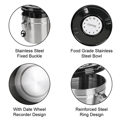 Stainless Steel Coffee Storage Canister — Airtight Lid with CO2 Valve, Premium Container to Preserve Freshness of Coffee Beans