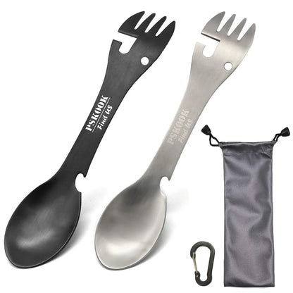 5-in-1 Tactical Spork — Stainless Steel Spoon, Fork, Knife, Can & Bottle Opener Combo for Camping & Hiking