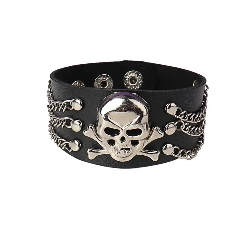 Punk Rock Hip Hop PU Leather Bracelet – Unisex Skull, Pentagram & Rivet Chain Bracelet, Trendy Party Jewelry Accessory