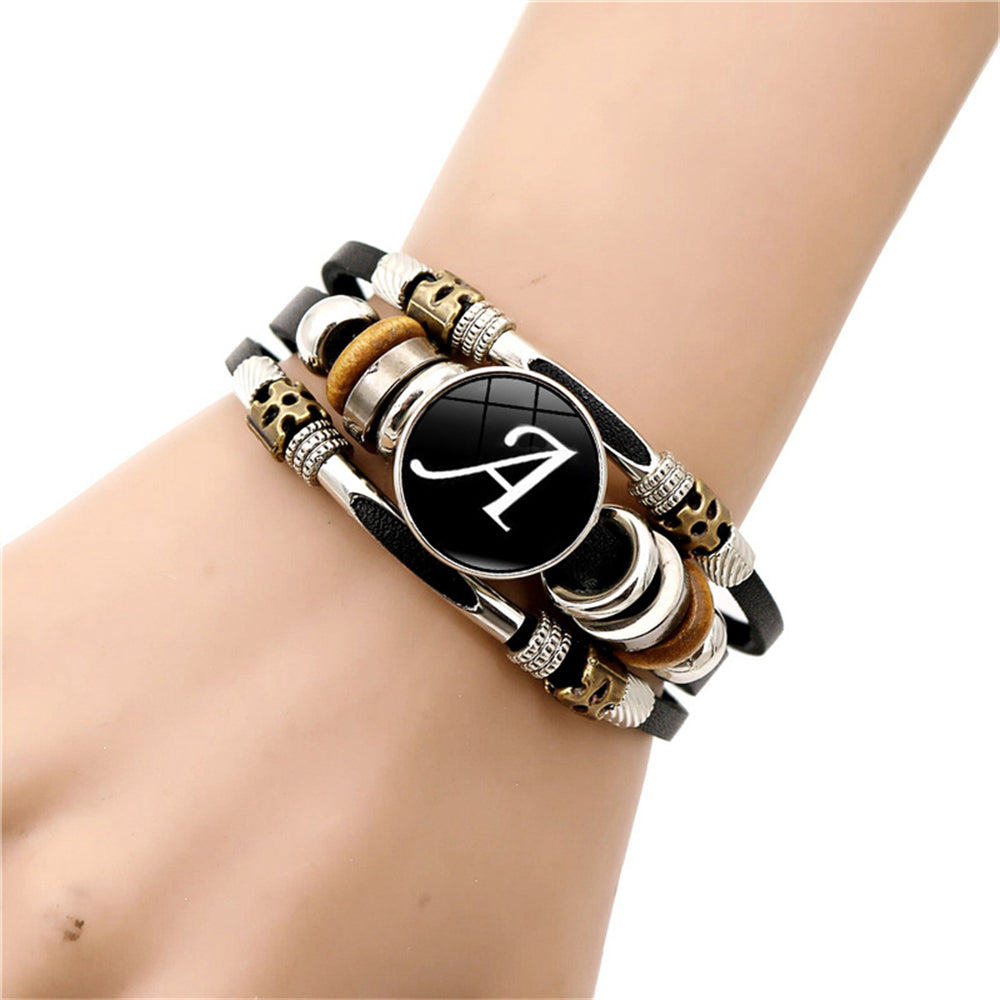 A-Z English Letters Leather Bracelet - 26 Initial Cabochon Glass Snap Wristband for Men & Women, Couple Gift