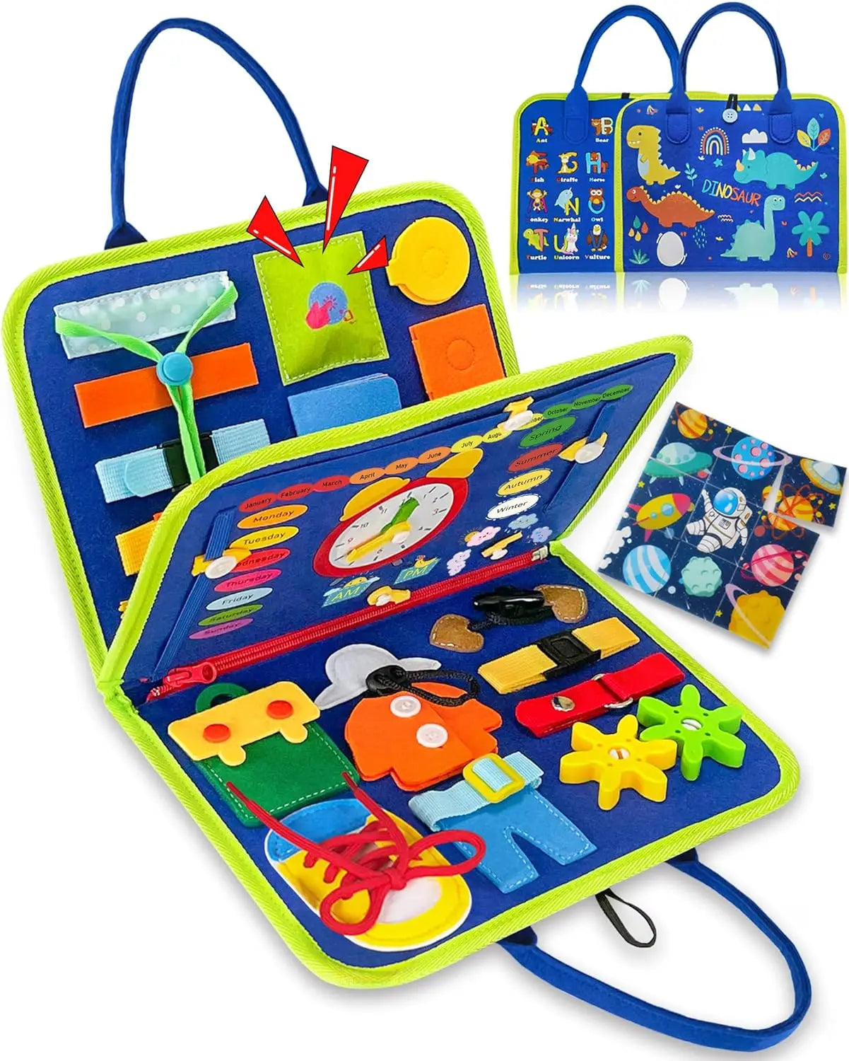 Toddler Montessori Busy Board – Dinosaur Dress-Up, Learning & Sensory Activities, Travel Toy & Life Skills Backpack