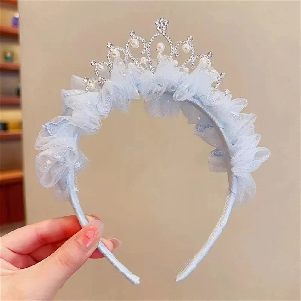 Girls Pearl Crown Headband - Sweet Princess Mesh Hair Hoop for Birthday Parties