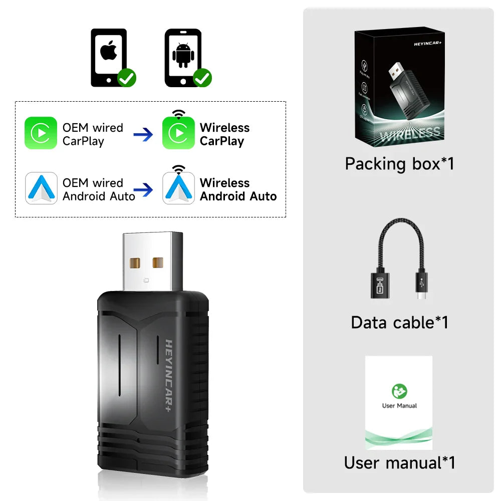 2025 HEYINCAR 2-in-1 Wireless Android Auto & CarPlay Adapter – Plug and Play for Kia, Volvo, Audi, MG, VW, Hyundai, Jeep