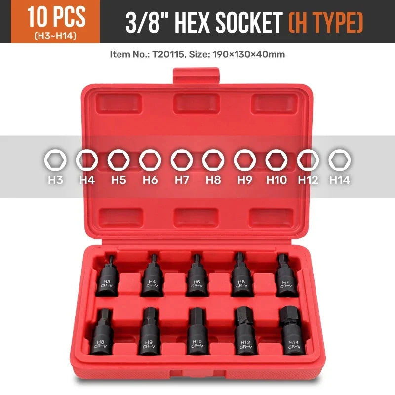 Hi-Spec 10PC 3/8-Inch Drive Socket Set - Torx, Hex & Spline Auto Repair Tool Kit with Red Case