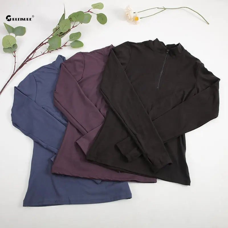 Elevate Your Yoga: CHRLEISURE Long Sleeve Half-Zip Yoga Shirt - Thumbholes, Elastic & Breathable Fitness Blouse for Women Activewear