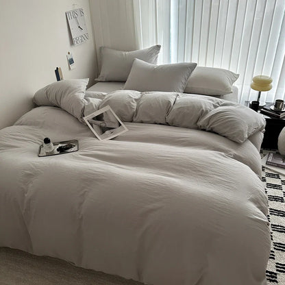 Solid Cotton Bedding Set - Sheet, Duvet Cover & Pillowcase, Single/Double/Twin/King/Queen Size