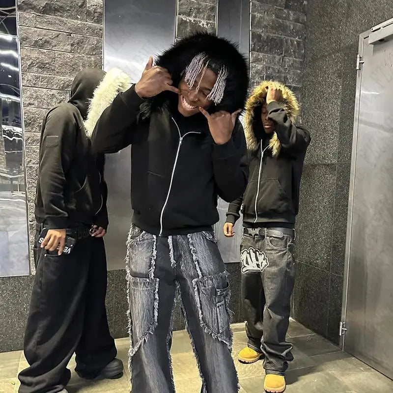Y2K Zip-Up Hoodie with Faux Fur Collar – Harajuku Rock Goth Retro Punk Loose Jacket for Hip Hop Streetwear