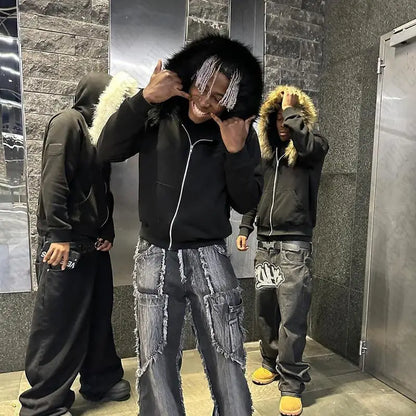 Y2K Zip-Up Hoodie with Faux Fur Collar – Harajuku Rock Goth Retro Punk Loose Jacket for Hip Hop Streetwear