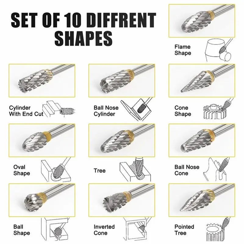 10pcs Carbide Burr Set - Double Cut Rotary Files for Woodworking & Carving, Tungsten Steel Milling Cutters