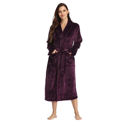 RONGTAI Women's Solid Color Lapel Bathrobe - Warm, Comfortable Long-Sleeved Robe for Autumn and Winter Homewear