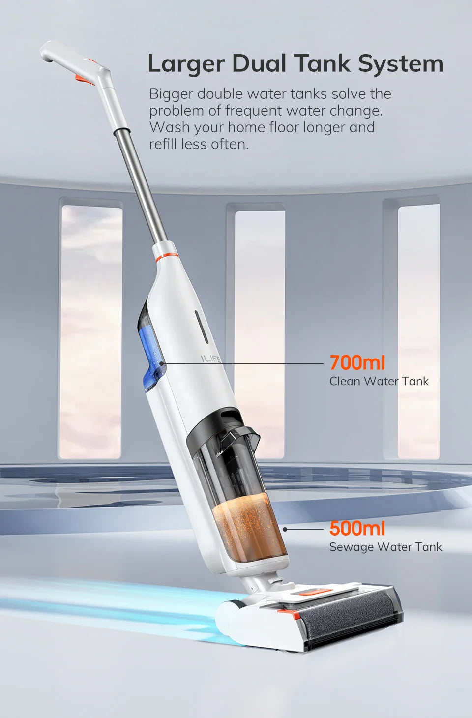ILIFE W90 Cordless Wet Dry Smart Mop – 5500Pa Suction, Self-Cleaning in 1 Minute, Large Dual Water Tank