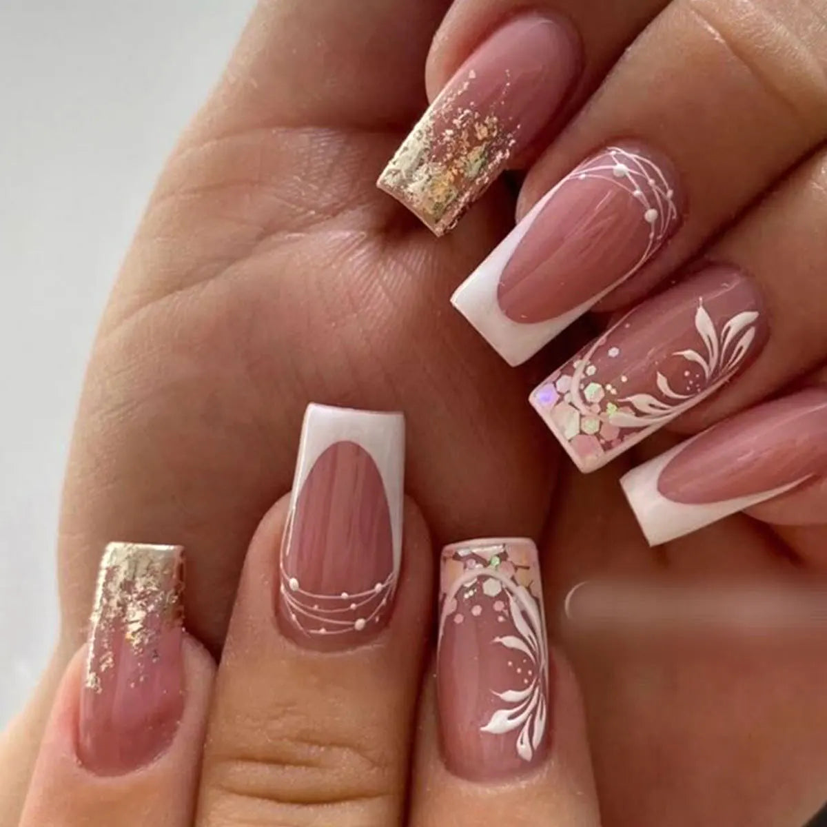 24PCS Short Square Coffin False Nails – French Glitter Acrylic Press-On Nail Tips with Glue, Wearable Fake Nails Set