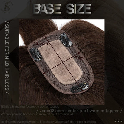 TESS Women Human Hair Topper With Bangs - 7x12.5cm Silk Base Clip In Hair Extension Natural Wigpiece