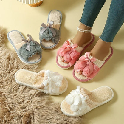 Plush Bow Slippers - Warm Fluffy Indoor Home Slides for Women & Men
