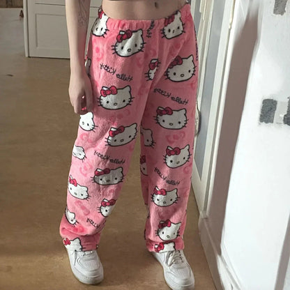 Y2K Hello Kitty Sanrio Pajama Pants – Women’s Anime Cartoon Sleepwear, Cozy Couple Home Trousers