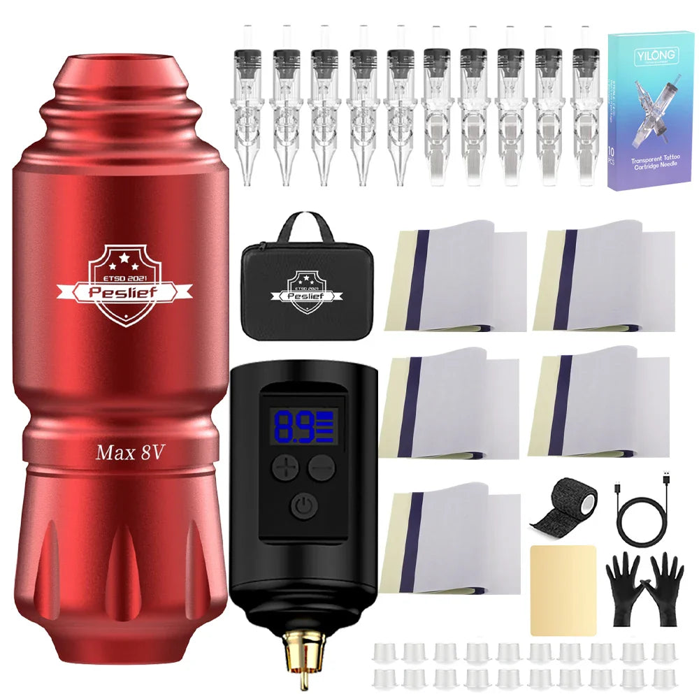 Rotary Wireless Tattoo Machine Kit – Complete Set with 10PCS Cartridge Needles, Permanent Makeup Tool for Tattoo Artists
