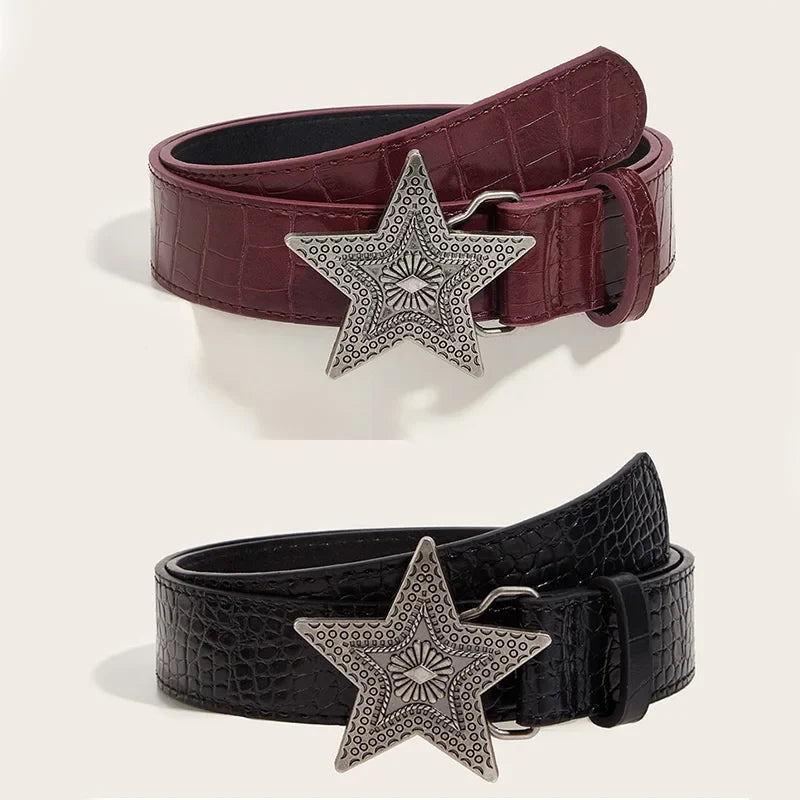 Gothic Punk PU Leather Belt - 3.3cm Wide Y2K Retro Star Buckle Waistband for Women