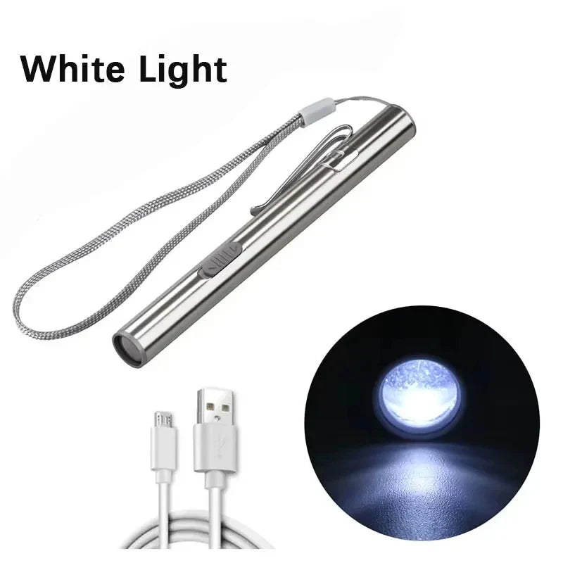 Mini Portable LED Pen Light — USB Rechargeable Medical Flashlight with Stainless Steel Clip for Dentist & Nurse Use
