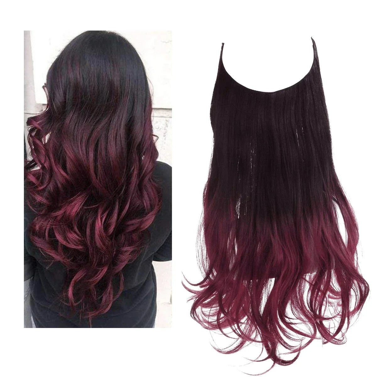 Synthetic Ombre Hair Extension - One Piece Invisible Wire Long Wavy Clipless False Hairpiece Black Blonde Pink