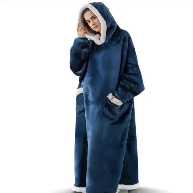 2024 Oversized Flannel Blanket Hoodie – Super Long Fleece Pullover with Sleeves for Winter