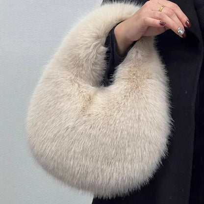 Plush Half Moon Bag - Soft Faux Fur Women's Handbag Winter Luxury Shoulder Purse