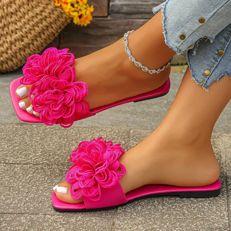 Women’s Crochet Flower Slide Sandals - Colorful Floral Slip-On Mules for Summer