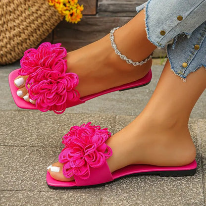 Women’s Crochet Flower Slide Sandals - Colorful Floral Slip-On Mules for Summer