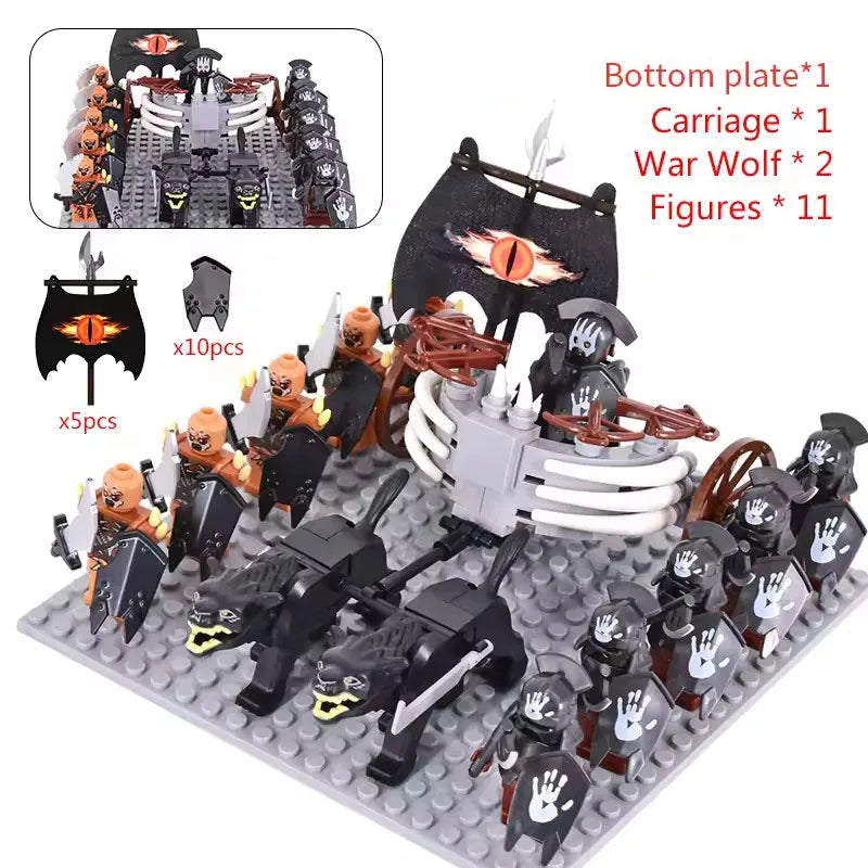 MOC Medieval LOTR Figures — Black Wolves & Mounted Chariots Action Dolls, Assembled Brick Building Blocks Toy