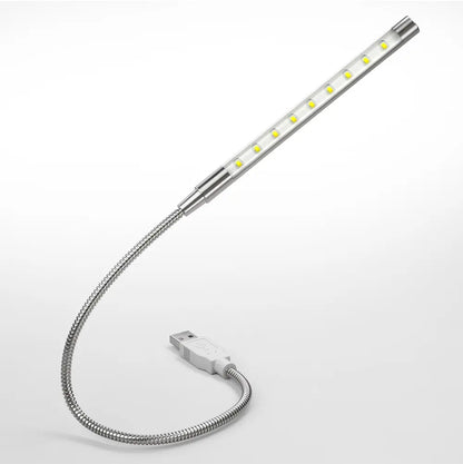 Flexible LED Night Light - Silver/Black Metal, USB Powered, 10 LED Book Reading Light for Laptops and Notebooks
