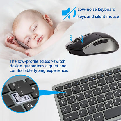 Wireless Keyboard and Mouse Combo – Rechargeable Slim Set with Russian, Hebrew, Korean, English Keycaps & Silent Mouse