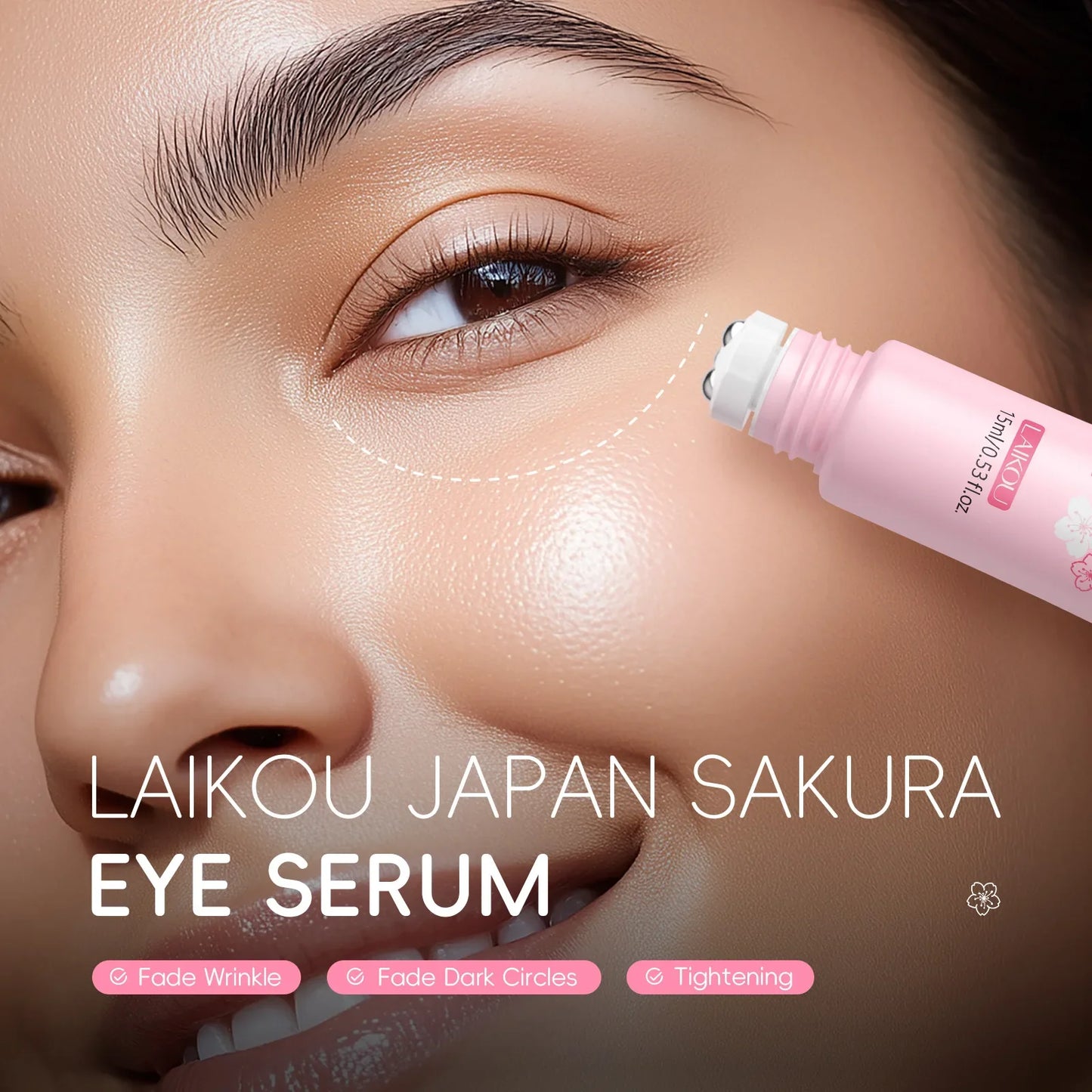 LAIKOU Sakura Eye Serum Roller — Hyaluronic Acid Moisturizing Cream for Eye Bags & Dark Circles, 15ml