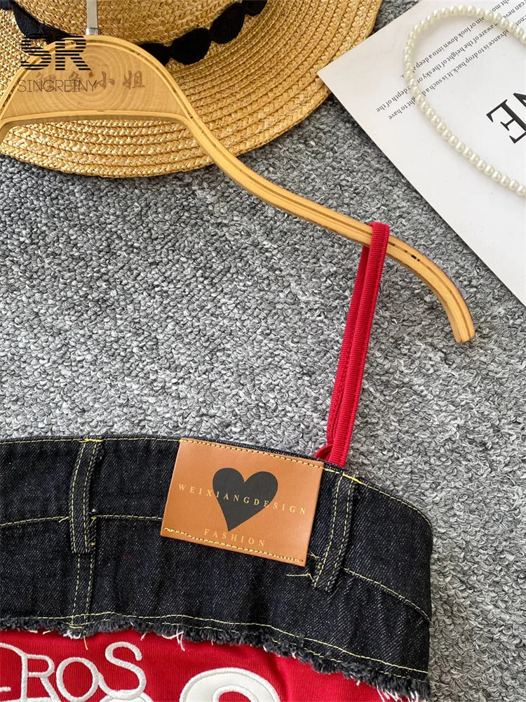 SINGREINY Y2K Denim Patchwork Crop Top — Women’s Retro Letter Embroidery Slim Streetwear Strap Top