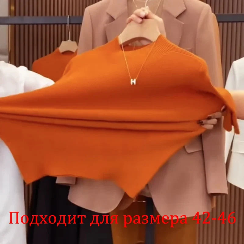 Women's Solid Color Knit Sweater – Stand Collar, Half Sleeve, Slim Fit, Soft High-Elastic Top for Autumn & Spring