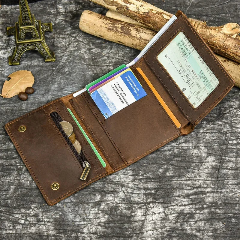 Men's Genuine Leather Short Wallet with Chain – Zipper Clutch, Trifold Purse, Card Holder & Coin Purse for Men