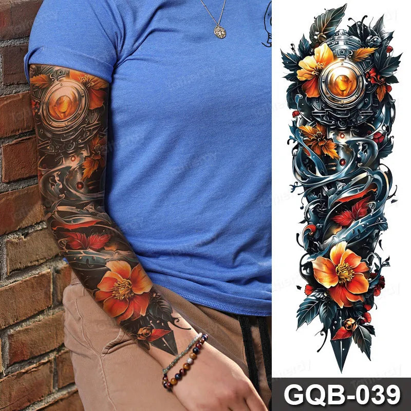 Full Arm Dragon Skull Tattoo Sleeve - Waterproof Temporary Body Art Sticker with Clock Compass Flower Design for Men & Women
