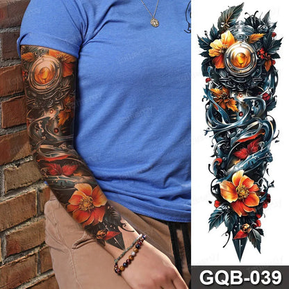 Full Arm Dragon Skull Tattoo Sleeve - Waterproof Temporary Body Art Sticker with Clock Compass Flower Design for Men & Women