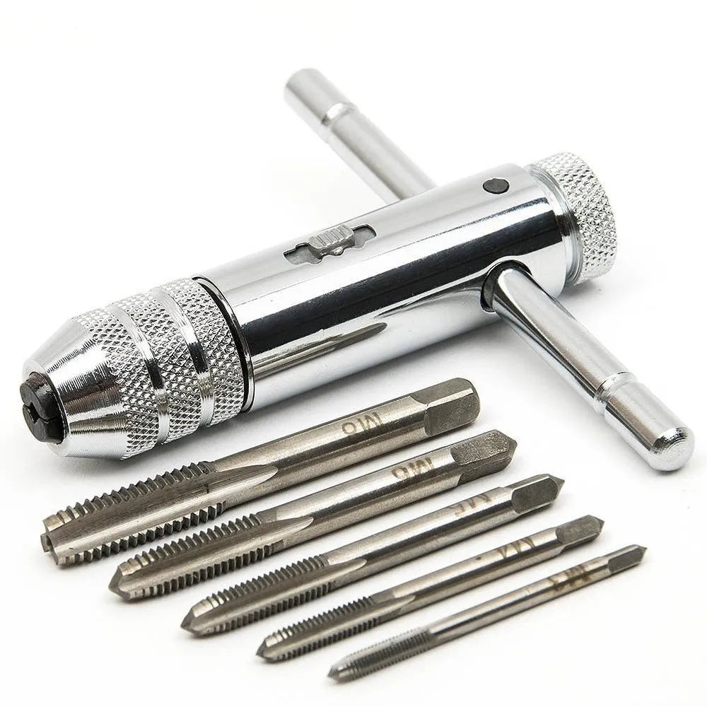Adjustable Silver T-Handle Ratchet Tap Holder Wrench – 5pcs M3-M8 Machine Screw Thread Metric T-shaped Tap