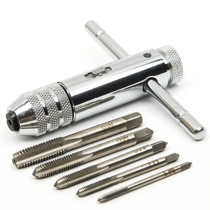 Adjustable Silver T-Handle Ratchet Tap Holder Wrench – 5pcs M3-M8 Machine Screw Thread Metric T-shaped Tap