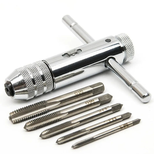 Adjustable Silver T-Handle Ratchet Tap Holder Wrench – 5pcs M3-M8 Machine Screw Thread Metric T-shaped Tap