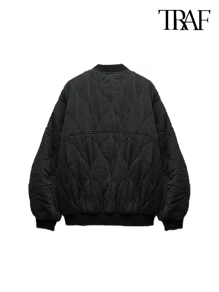 TRAF Women’s Quilted Aviator Jacket – Solid Color Round Collar Long Sleeve Casual Coat
