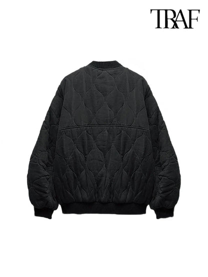 TRAF Women’s Quilted Aviator Jacket – Solid Color Round Collar Long Sleeve Casual Coat