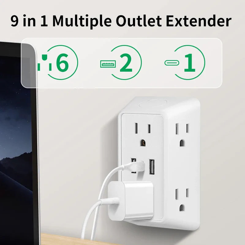 9-in-1 Power Strip – 2 USB Sockets, 1 Type-C Socket, 6 AC Sockets, Compact Wall Plug Power Expander