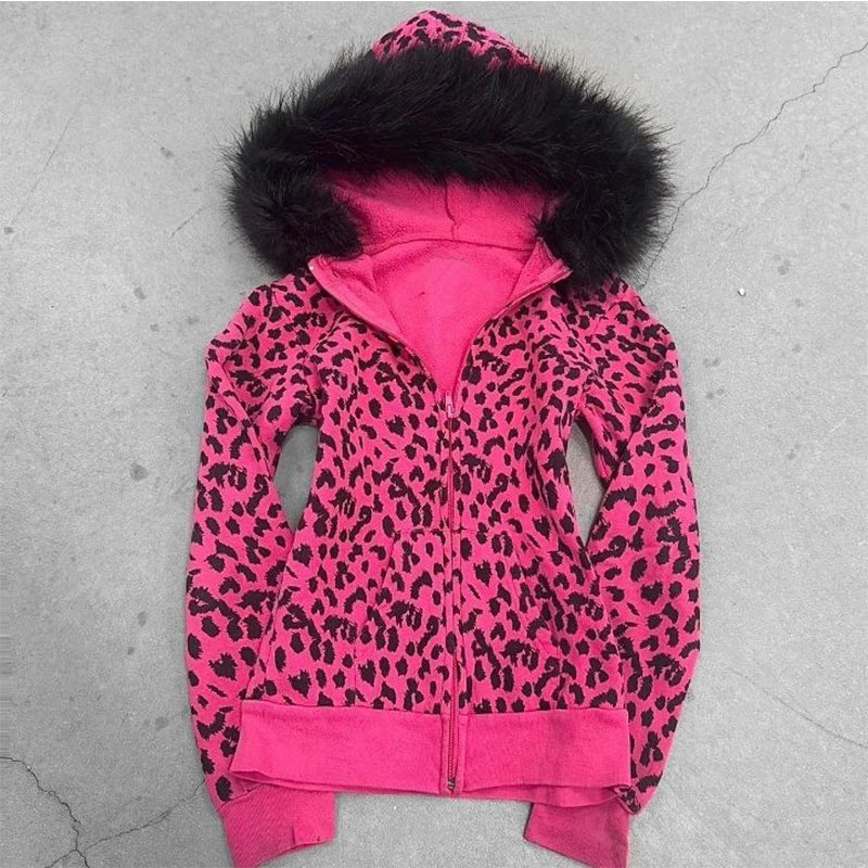 Pink Leopard Print Hooded Zipper Sweatshirt – Slim Fit Long Sleeve Streetwear for Spring & Autumn