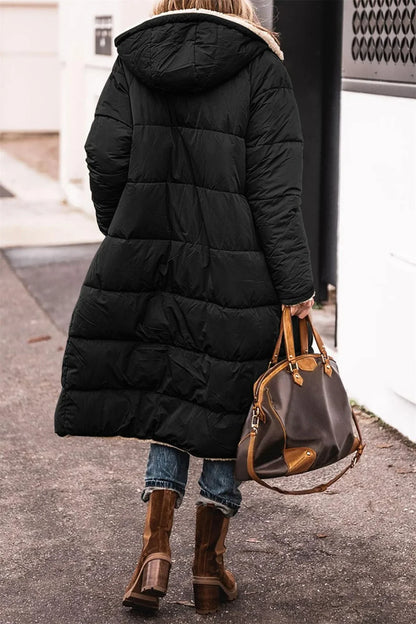 Women's Winter Hooded Quilted Jacket – Reversible Solid Puffer Coat, Thick Long Sleeve Casual Outerwear