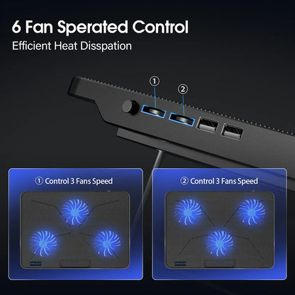 Coolcold Laptop Cooling Pad 15.6-17.3" — 6 Quiet Fans, 7 Adjustable Heights, Wind Speed Control with Mobile Phone Holder