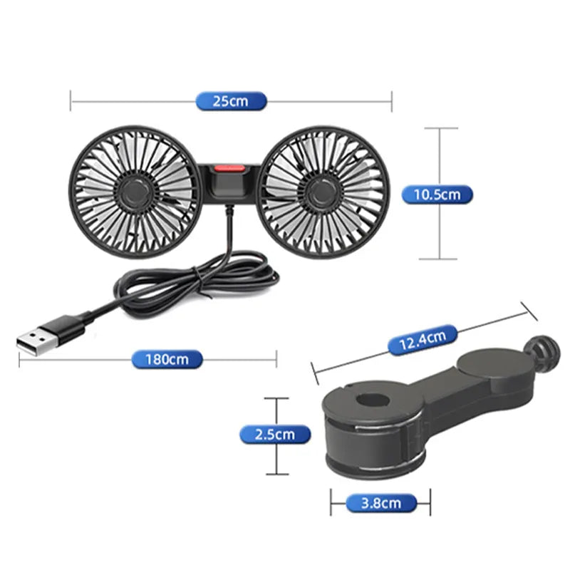 SEAMETAL 3-Speed Car Seat Back Cooling Fan - USB Charge Dual Head Fan with 360 Degree Rotation - Neck Cooler for Summer Car Accessories