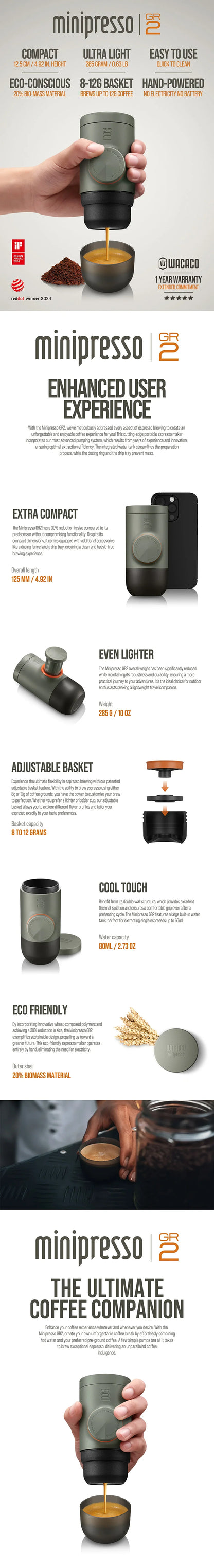 WACACO Minipresso GR2 – Portable Espresso Machine for Outdoor, Compatible with Ground Coffee, Travel & Camping Coffee Maker Gift