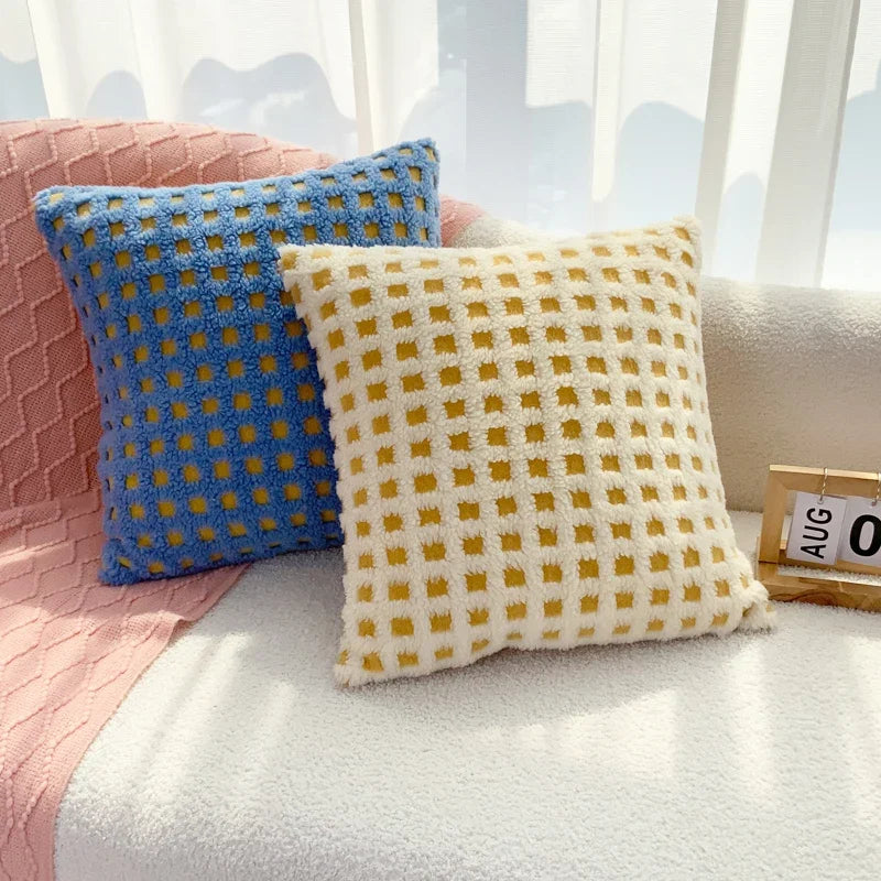 BUYNOW Plush Grid Pillowcase - Cute Decorative Sofa Cushion Cover for Living Room Home Decor